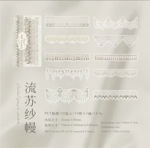Elegant white ink PET stickers with European lace and tassel designs for scrapbooking decoration