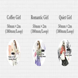Detailed specifications and sizes for hand-painted watercolor girl character washi tape