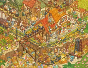 Detailed view of creative miniature town scene sticker with cute characters and gold mine scenery