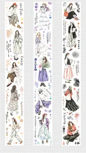 Hand-painted watercolor girl character washi tape strips for journaling and DIY crafts.