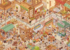 Detail view of miniature market scenery sticker with vibrant cartoon illustration