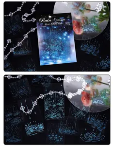 Vista detallada de pegatinas PET transparentes con motivos artísticos de líneas azules de lluvia.