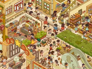 Detailed retro miniature street life illustration for creative DIY scene stickers