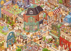 Detailed view of a vibrant 3D miniature city scene sticker with shops and characters.
