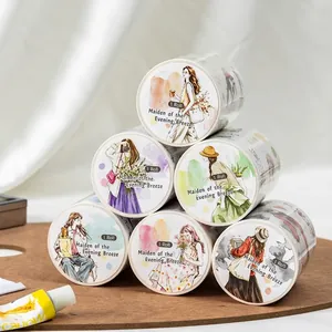 Original watercolor girl character washi tape for journaling and scrapbooking decoration