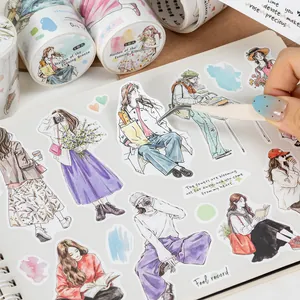 Watercolor hand-painted girl stickers and washi tape for scrapbooking and journal decoration