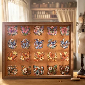 Vintage butterfly embroidery stickers set with floral and moon motifs in wood frame