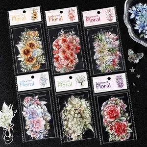 Iridescent floral sticker packs featuring large glass-like botanical flower decals.
