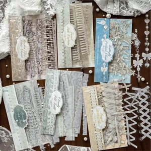 Vintage European White Ink PET Long Stickers Lace Pearl Ribbon Butterfly Decorative Scrapbooking Journaling Decoration