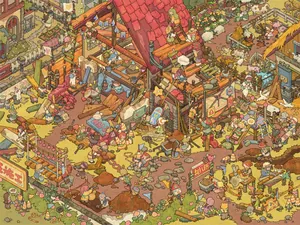 Detailed macro view of a whimsical miniature construction scene sticker with vibrant colors