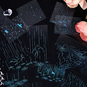 Pegatinas de PET transparentes con dibujos azules de lluvia y golondrinas para diarios.