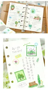 Detail view of artistic plant-themed washi tape stickers applied to a notebook page
