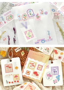 Detailed view of botanical washi tape stickers applied to decorative tags.