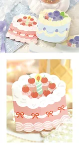 Close-up detail of cute cake-shaped die-cut greeting cards with pastel colors