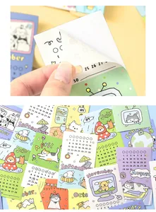 Detail view showing the adhesive peeling of a cute DIY cartoon calendar sticker for journals