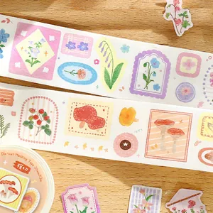 Floral and mushroom botanical die-cut washi tape set for scrapbooking and DIY journaling