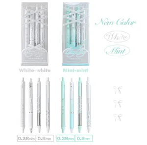Detailed view of the RosyPosy ballet ribbon gel pen set in mint and white colors.