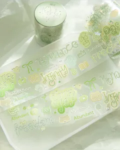 Macro detail view of green PET decorative tape featuring silver foil illustrations and text