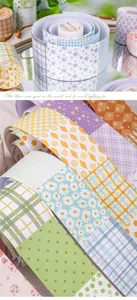 Detailed macro view of various floral and plaid washi tape patterns for scrapbooking