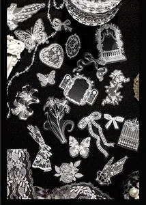 Detailed view of white vintage lace PET stickers featuring elegant floral and butterfly patterns