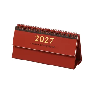 Roter horizontaler Mini-Tischkalender 2027 mit Doppelspiralbindung und Golddruck