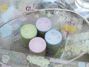Close-up of PET decorative tapes with silver stamping and motivational words in a basket.