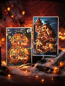 Detailed view of Halloween stickers with haunted house and pumpkin party scenes