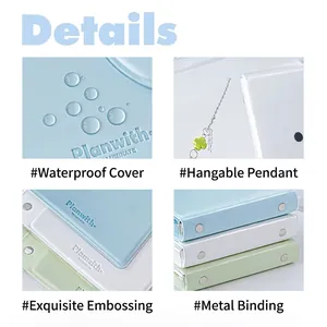 Close-up detail view of waterproof jelly notebook binder with metal rivets and logo