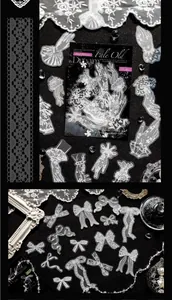 Close-up of white lace bow stickers for vintage scrapbooking decoration