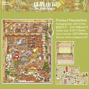 Vista detallada de pegatinas de casa en miniatura DIY con dimensiones y material