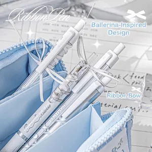 RosyPosy ballet ribbon aesthetic gel pens for students in a light blue pencil case