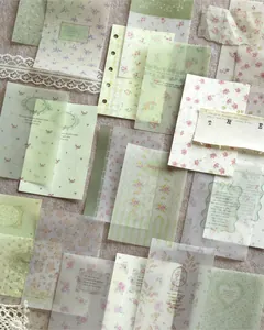 Detailed view of vintage floral scrapbooking paper sheets with translucent textures