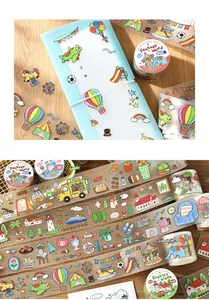 Detailed colorful hand-drawn cartoon PET tape rolls for scrapbooking and decoration