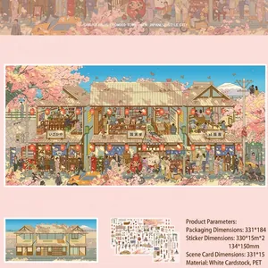 Set de pegatinas de paisaje de ciudad sakura japonesa con dimensiones y especificaciones