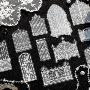 Vintage white lace gate PET stickers with sparkling sand texture for journals and DIY craft