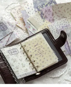 Vintage floral pattern scrapbooking papers inside a leather binder detail
