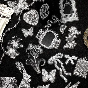 Vintage white lace PET glitter stickers for scrapbooking and aesthetic DIY crafts