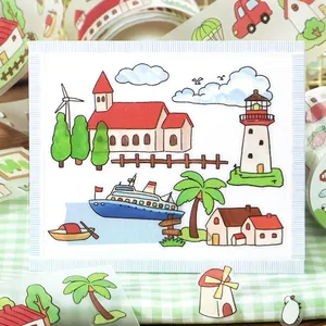Hand-drawn doodle style PET stickers with lighthouse and ship for scrapbooking