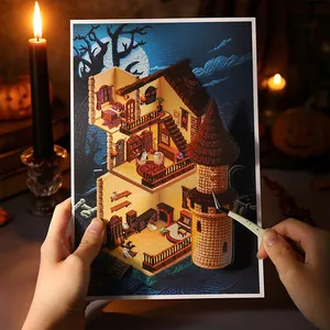 Halloween Ghost Carnival 3D layered scene sticker pack held in hands with candles