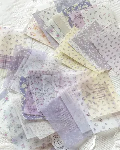 Macro view of vintage floral scrapbooking paper with soft purple and yellow patterns