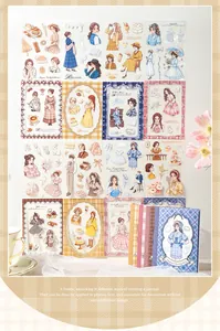 Display of French vintage lady character stickers and journals for scrapbooking