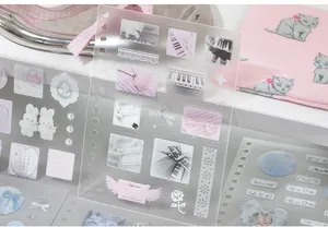 Gedetailleerd overzicht van voorgesneden PET-stickers met ballet- en kattenmotieven voor journals.