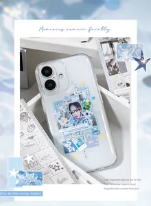 Close-up of DIY blue aesthetic stickers applied to a clear phone case