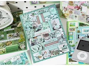 Close-up of aesthetic mint green collage stickers for scrapbooking and DIY