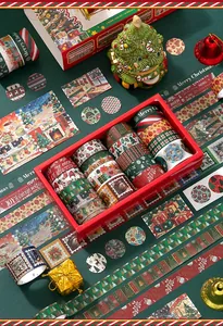 Detailed view of 18 rolls of vintage Christmas washi tape with festive patterns