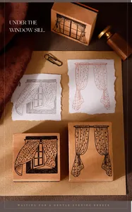 Vintage Holzstempel mit Fenster- und Vorhangmotiven für kreatives Scrapbooking Basteln.