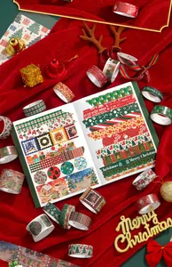 Vintage Christmas washi tape set with 18 rolls featuring festive patterns and notebook