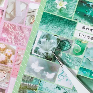 Aesthetic green and pink photo sticker sheets for scrapbooking and DIY journals