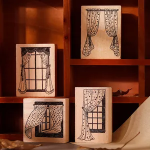 Vintage-Holzstempel-Set mit gemütlichen Fenster- und Vorhangmotiven für DIY-Scrapbooking-Basteln