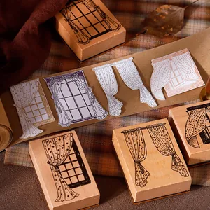 Vintage-Holzstempel mit Fenstervorhang-Designs für Scrapbooking und DIY-Journal-Basteln.
